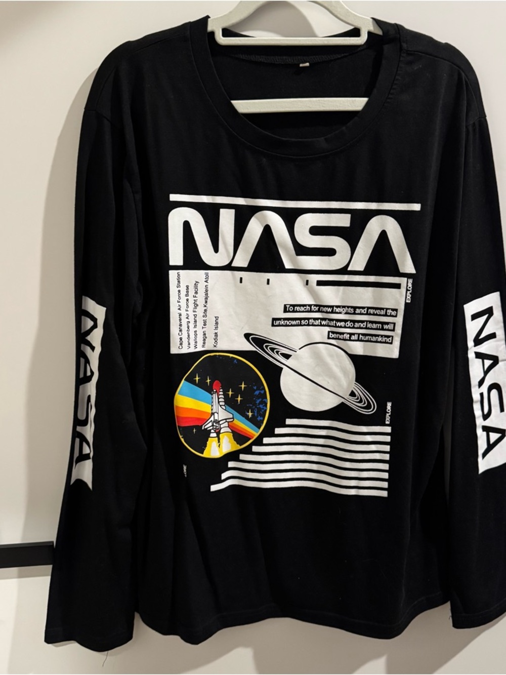 NASA Black Graphic Long Sleeve Tee with Planet and Rocket